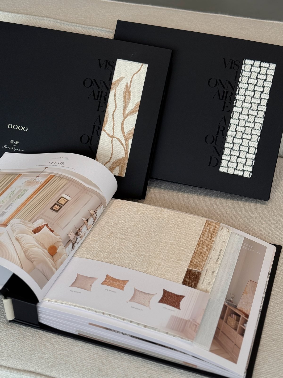 Open Ksino designer sample book with fabric panels