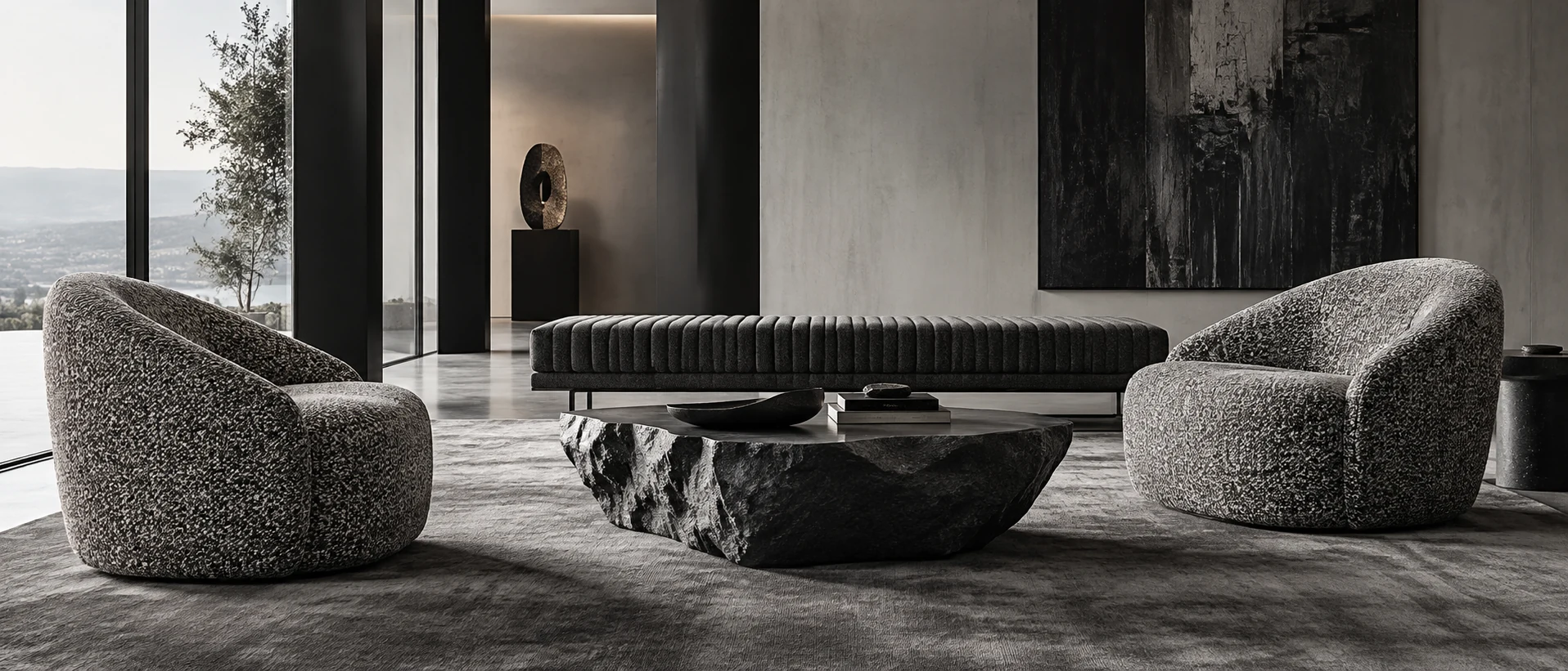 Monochrome boucle lounge chairs and tailored charcoal bench